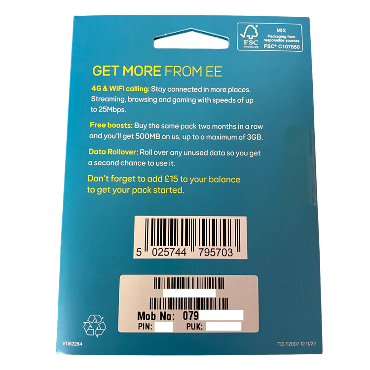 a blue package with yellow text and barcode