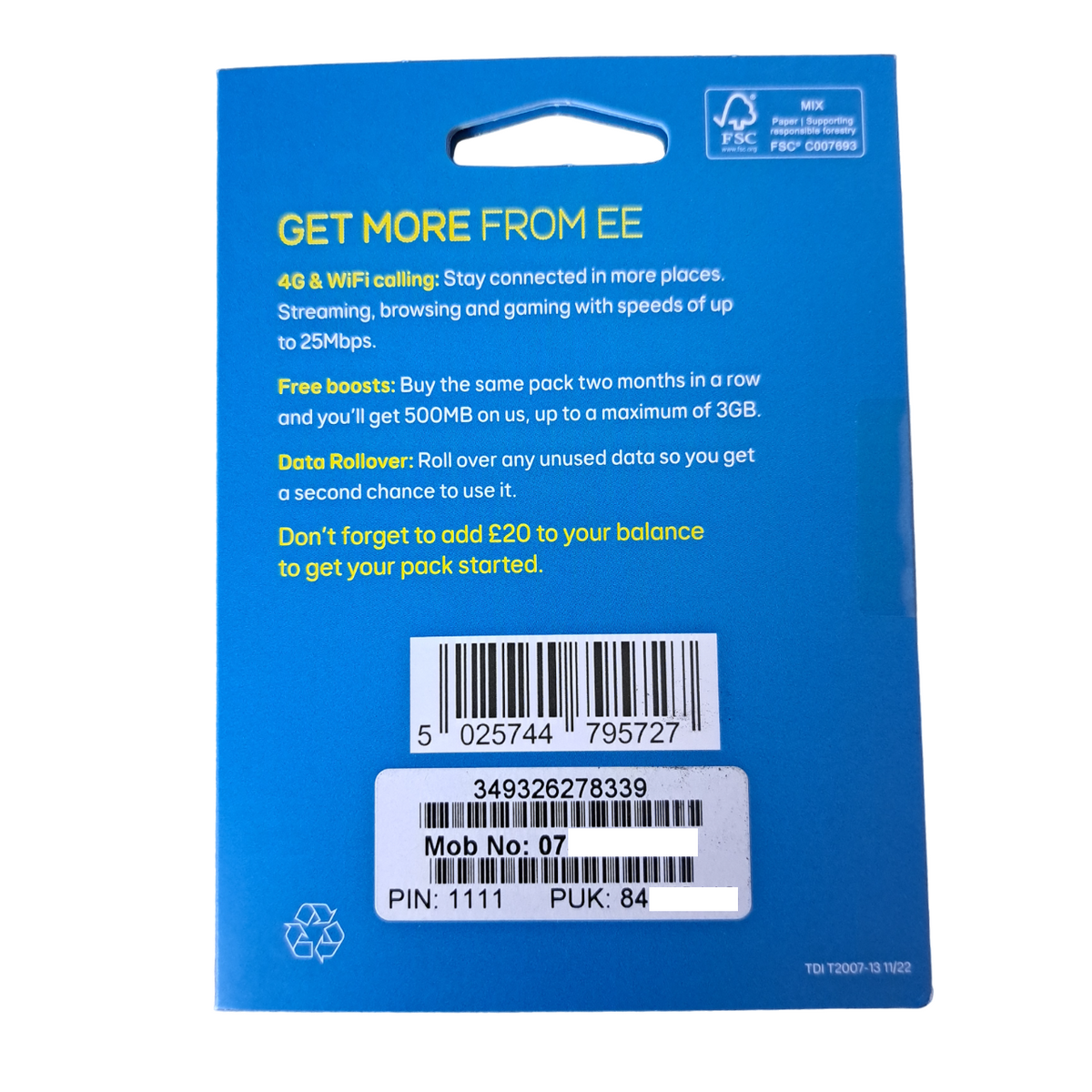 a blue package with yellow text and a barcode