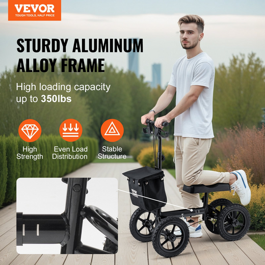 VEVOR Folding Knee Scooter, Aluminum Steerable Knee Walker with Height-Adjustable Handlebar & Knee Pad, 12" All-Terrain Wheels, Dual Brakes, Leg Recovery Scooter for Broken Ankle Foot Injuries, 350LBS