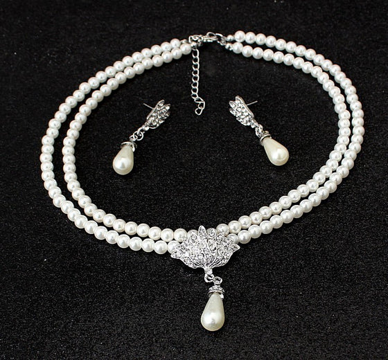 Bridal Pearl & Crystal Necklace and Earrings Set, CMT087
