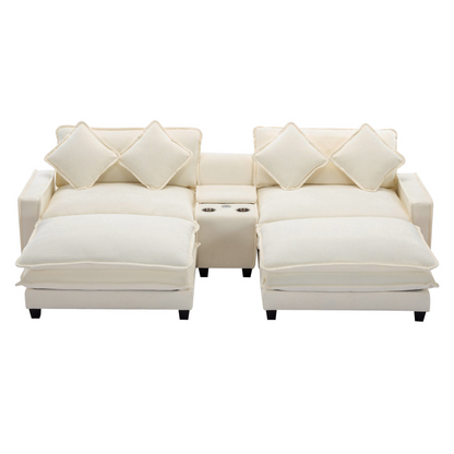 112.6" Sectional Sofa Chenille Upholstered Sofa with Two Removable Ottoman, Two USB Ports, Two Cup Holders and Large Storage Box for Living Room, Beige
