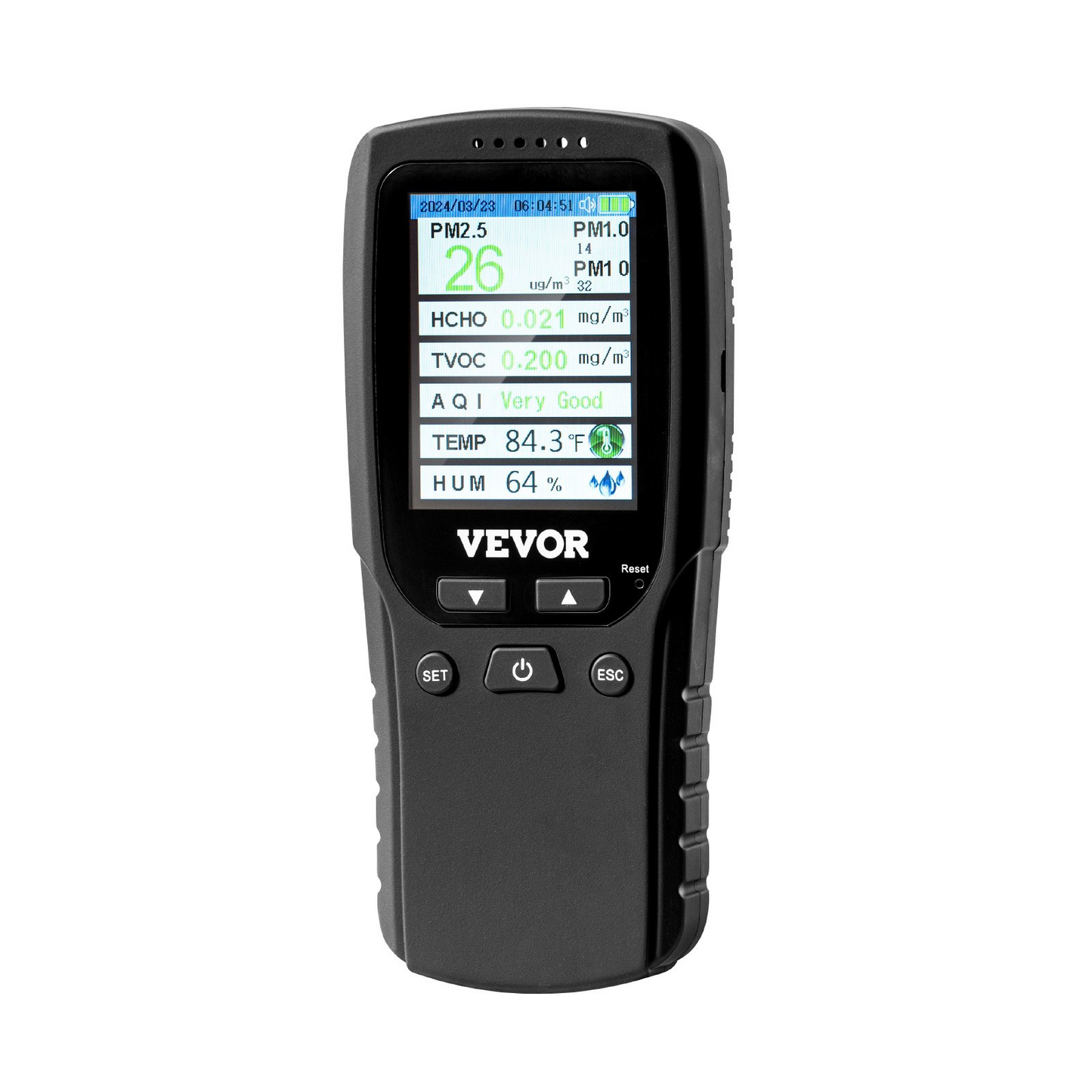 VEVOR Air Quality Monitor 8-IN-1, Professional PM2.5 PM10 PM1.0 Particle Counter, Formaldehyde, Temperature, Humidity, TVOC AQI Tester for Indoor/Outdoor, Air Quality Meter w/Alarm Thresholds