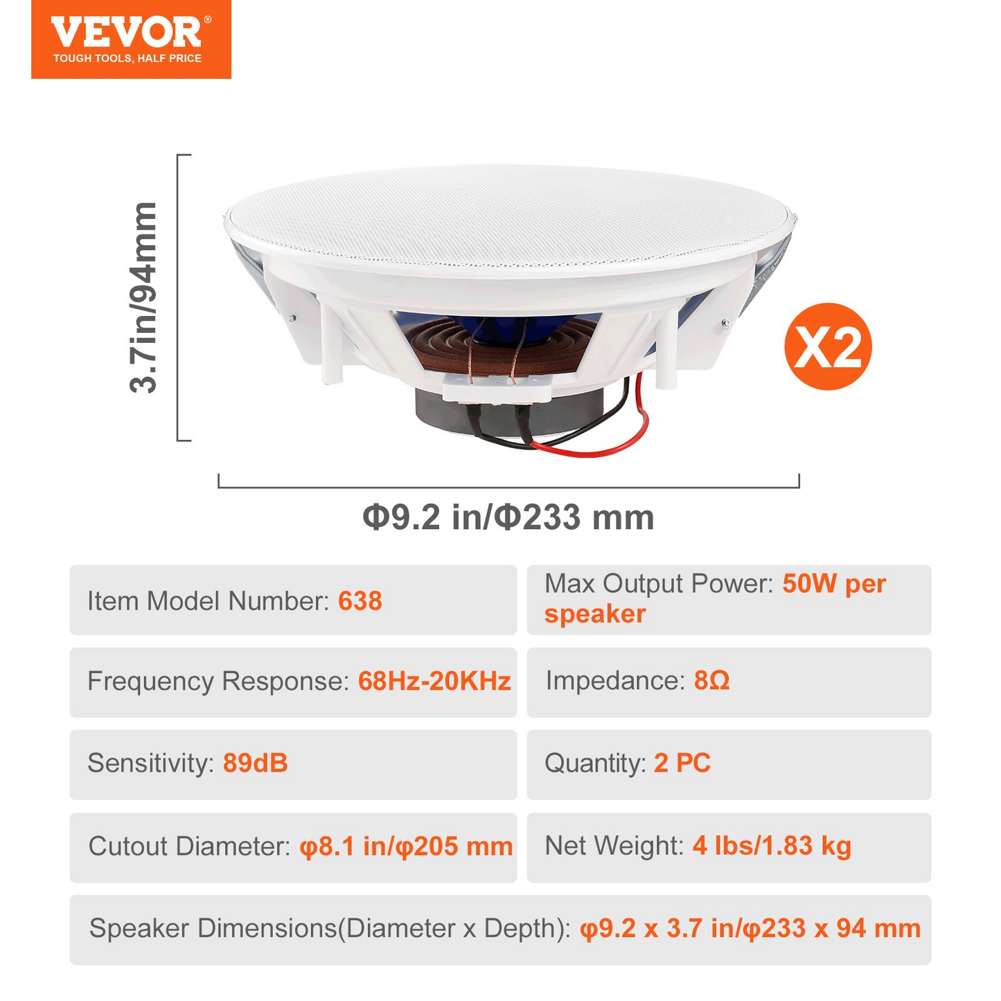 VEVOR 2 PCs 8 Inch in Ceiling Speakers, 50-Watts, Flush Mount Ceiling & in-Wall Speakers System with 8ΩImpedance 89dB Sensitivity, for Home Kitchen Living Room Bedroom or Covered Outdoor Porches