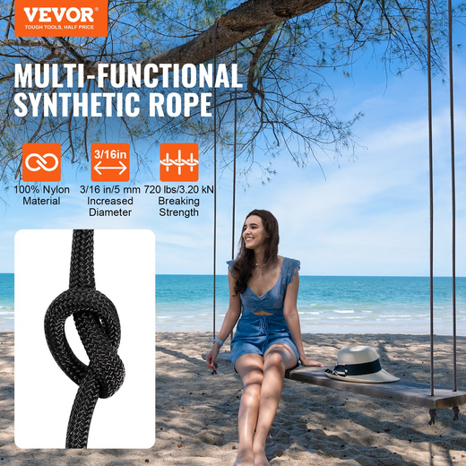 VEVOR Braided Nylon Rope, 3/16 in x 250 ft, 32 Strands, 720 LBS Breaking Strength Outdoor Climbing Rope, Arborist Tree Climbing Rigging Rope for Rock Hiking Camping Swing Rappelling Rescue, Black