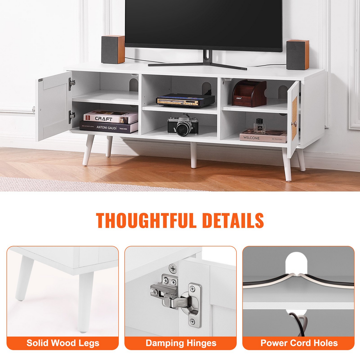 VEVOR Rattan TV Stand, Boho TV Cabinet for 55 inch TV, Mid Century Modern TV Stand, Rattan TV Console with Adjustable Shelfs for  Living Room, Media Room, White