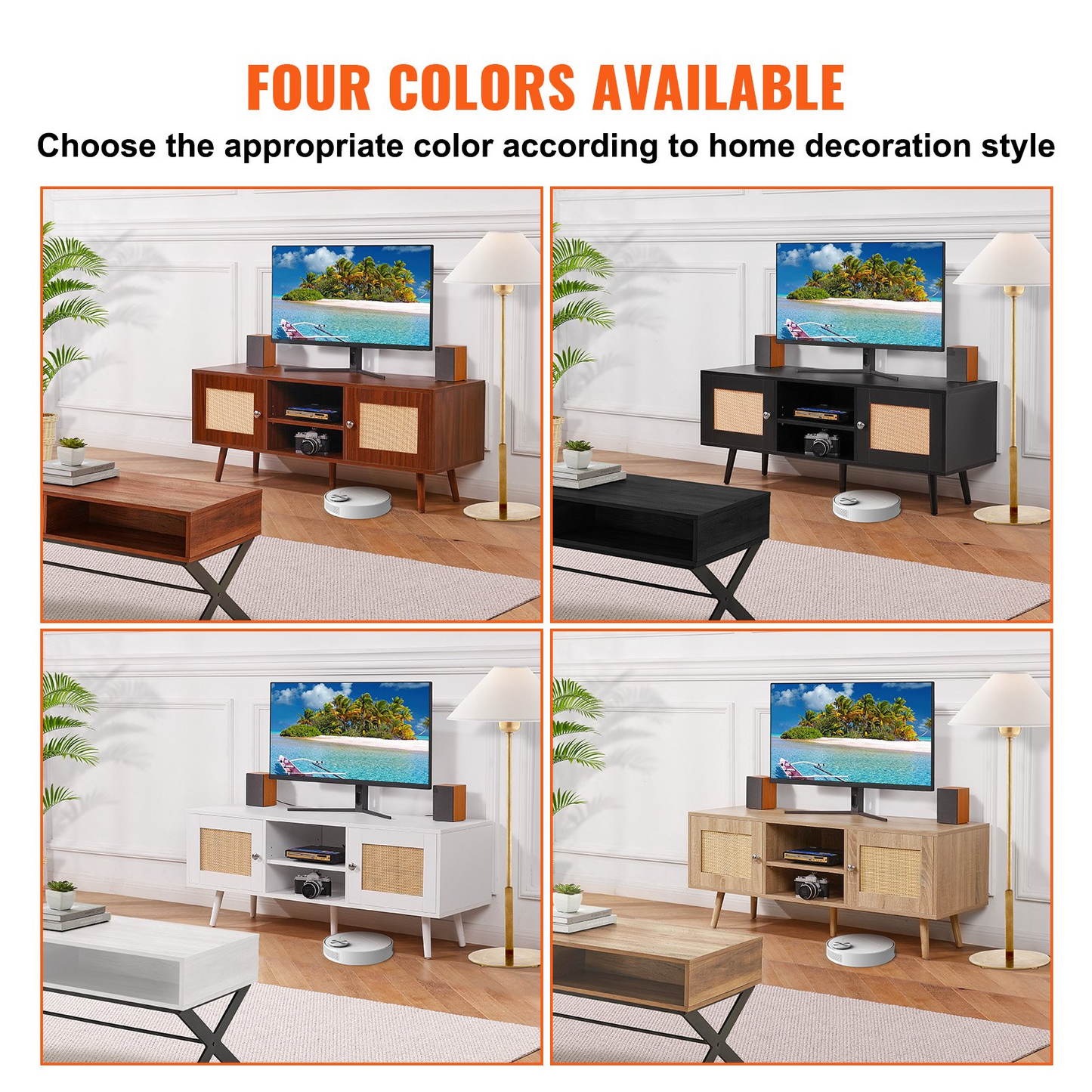 VEVOR Rattan TV Stand, Boho TV Cabinet for 55 inch TV, Mid Century Modern TV Stand, Rattan TV Console with Adjustable Shelfs for  Living Room, Media Room, White
