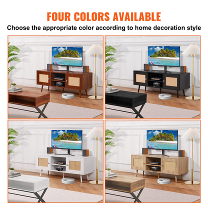 VEVOR Rattan TV Stand, Boho TV Cabinet for 55 inch TV, Mid Century Modern TV Stand, Rattan TV Console with Adjustable Shelfs for  Living Room, Media Room, White