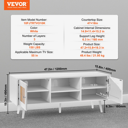 VEVOR Rattan TV Stand, Boho TV Cabinet for 55 inch TV, Mid Century Modern TV Stand, Rattan TV Console with Adjustable Shelfs for  Living Room, Media Room, White