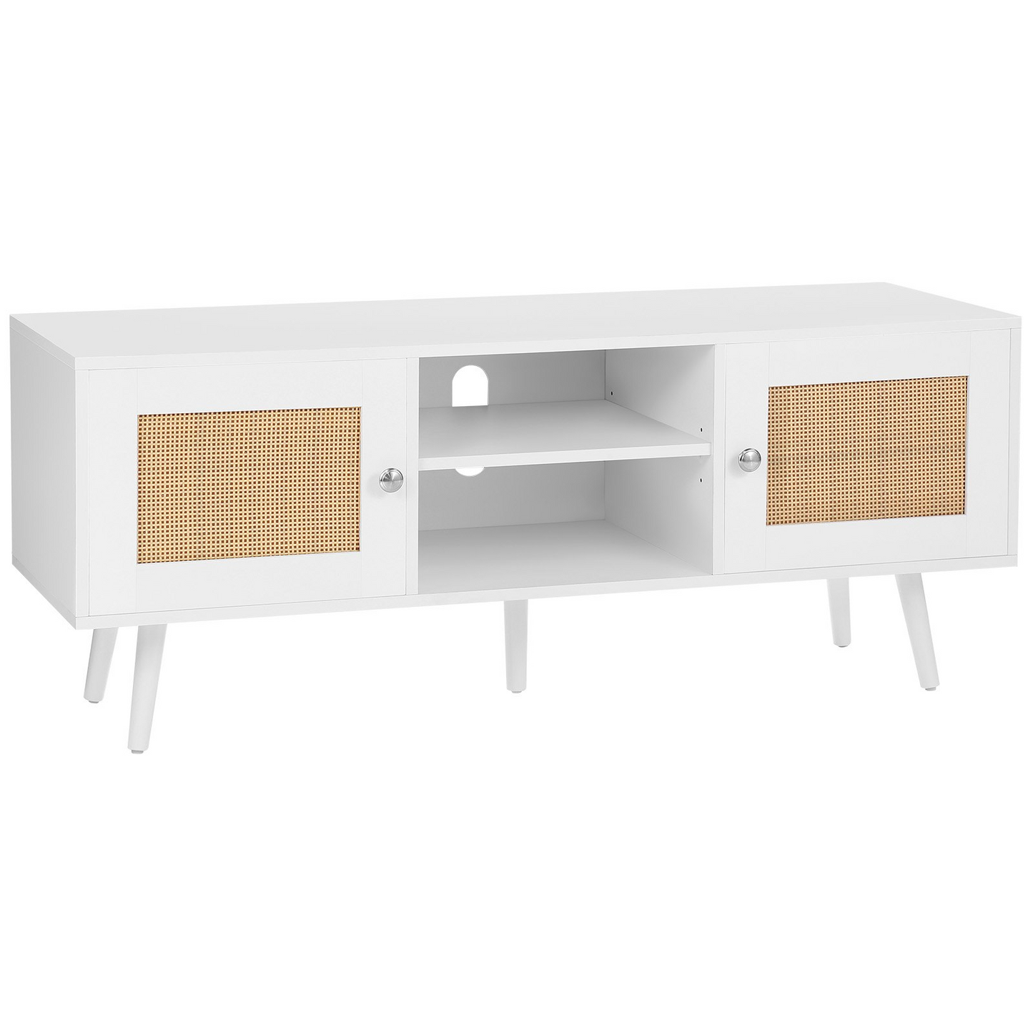 VEVOR Rattan TV Stand, Boho TV Cabinet for 55 inch TV, Mid Century Modern TV Stand, Rattan TV Console with Adjustable Shelfs for  Living Room, Media Room, White