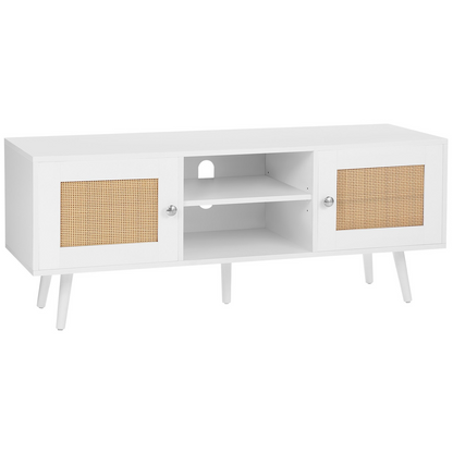 VEVOR Rattan TV Stand, Boho TV Cabinet for 55 inch TV, Mid Century Modern TV Stand, Rattan TV Console with Adjustable Shelfs for  Living Room, Media Room, White