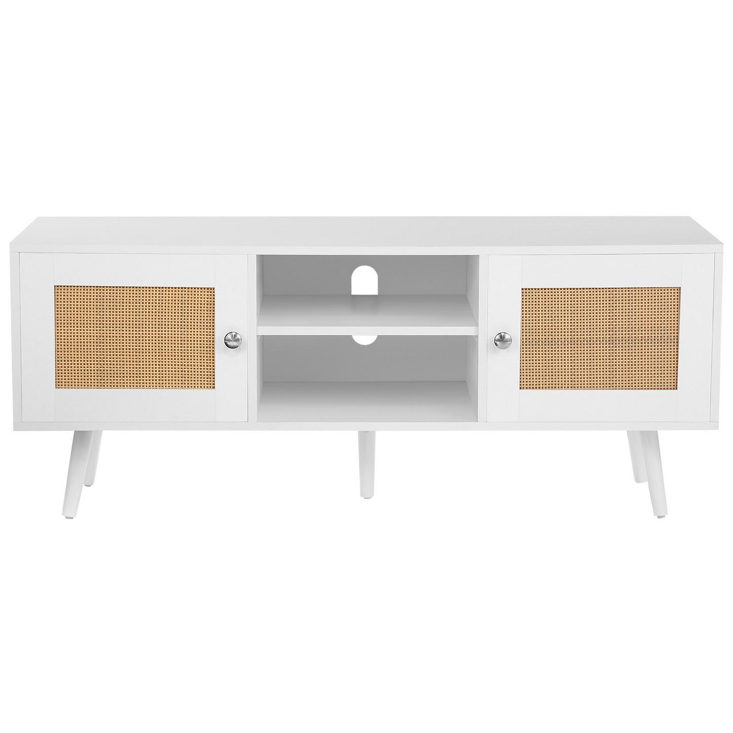 VEVOR Rattan TV Stand, Boho TV Cabinet for 55 inch TV, Mid Century Modern TV Stand, Rattan TV Console with Adjustable Shelfs for  Living Room, Media Room, White