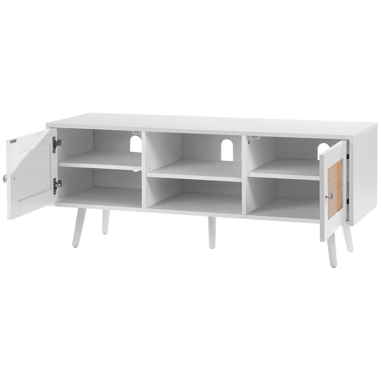 VEVOR Rattan TV Stand, Boho TV Cabinet for 55 inch TV, Mid Century Modern TV Stand, Rattan TV Console with Adjustable Shelfs for  Living Room, Media Room, White