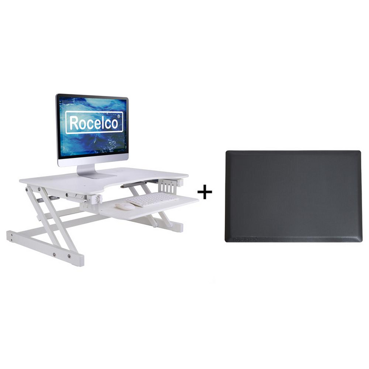 a white computer desk with a black cover