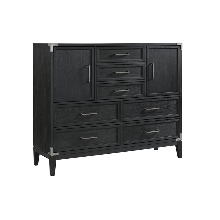 a black dresser with silver handles