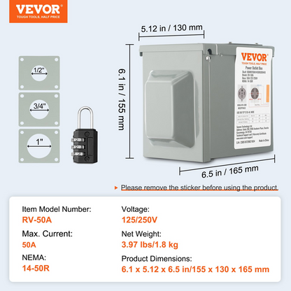 VEVOR 50 Amp RV Power Outlet Box, 125/250 Volt, Enclosed Lockable Outdoor RV Receptacle Box, NEMA 14-50R Weatherproof Electrical Panel, for RV Camper Trailer Motorhome Tested to UL Standards