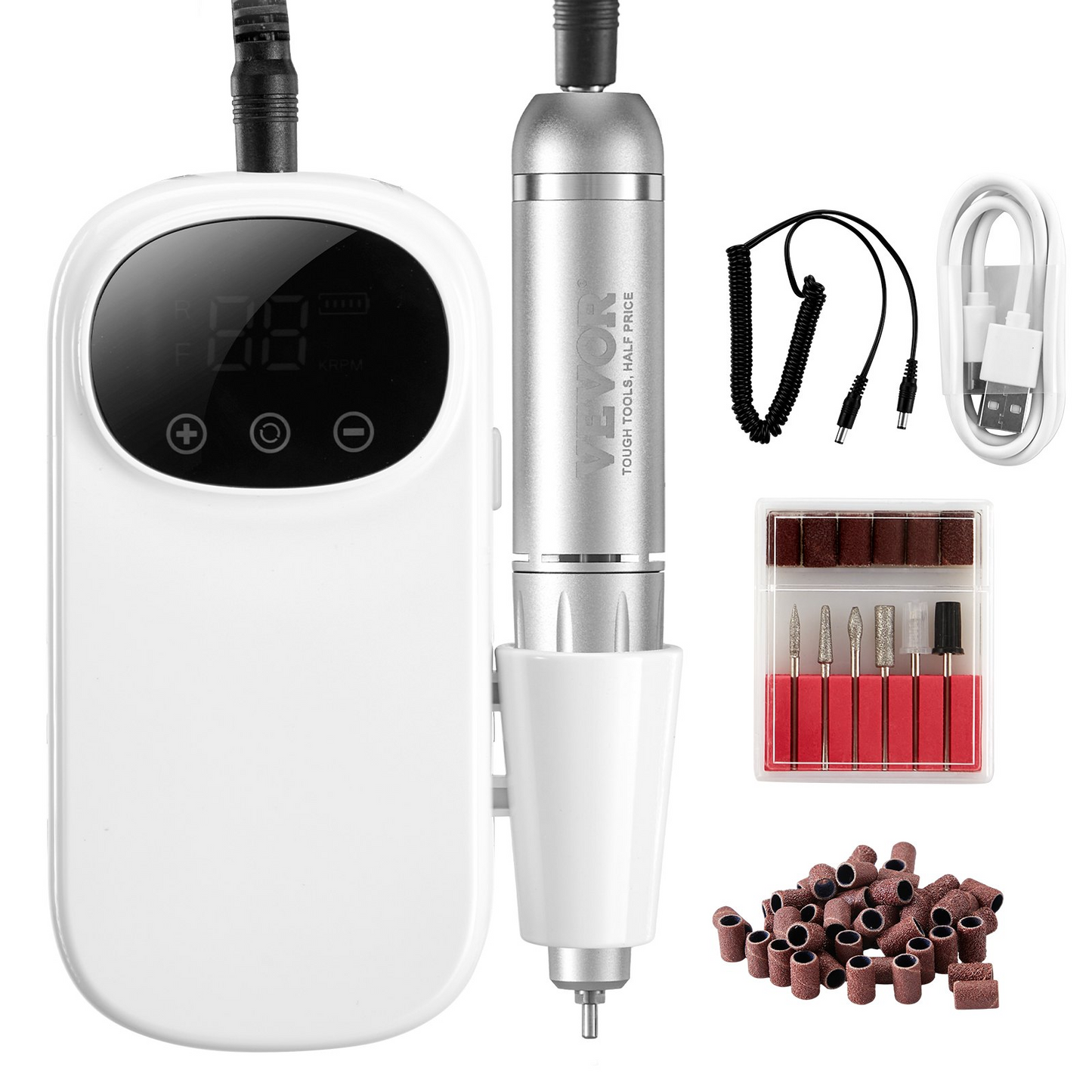 VEVOR Electric Rechargeable Nail Drill, 35,000RPM Portable Cordless Nail E File Machine, LCD-Display Acrylic Gel Grinder Tool with 6 Bits and 50PCS Sanding Bands for Manicure Pedicure Carve Polish