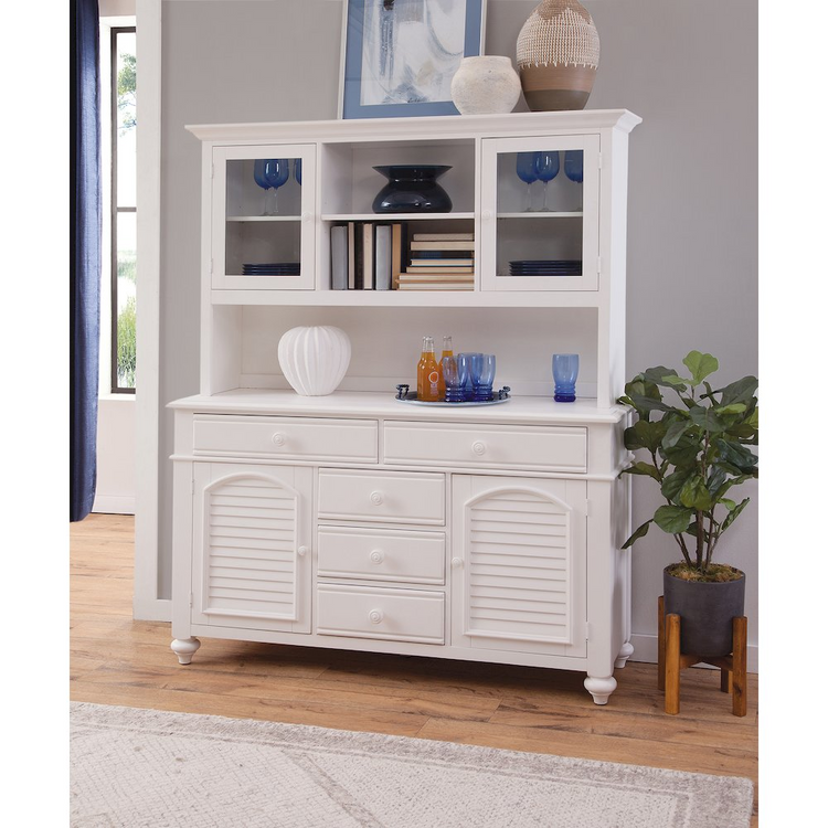 a white cabinet with glass doors and shelves