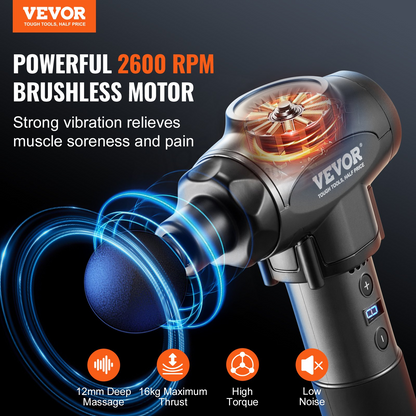 VEVOR Massage Gun Deep Tissue with 9 Speed Levels & 6 Massage Heads, 24V 2500mAh Batteries, Percussion Muscle Massager for Athletes, Handheld Electric Massage Gun for Pain Relief, Muscle Relaxation