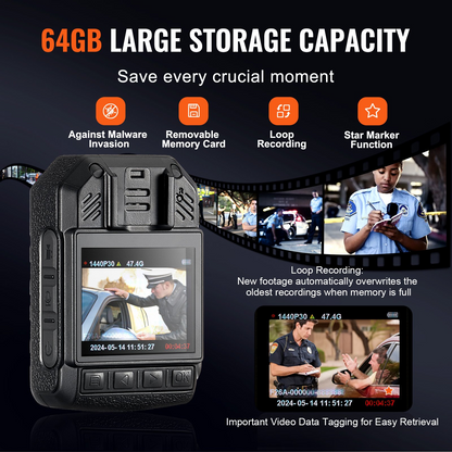 VEVOR 1440P HD Police Body Camera - High-Definition Body Cam with Audio Video Recording Picture, Built-in Battery, LCD, Night Vision - Law Enforcement Gear