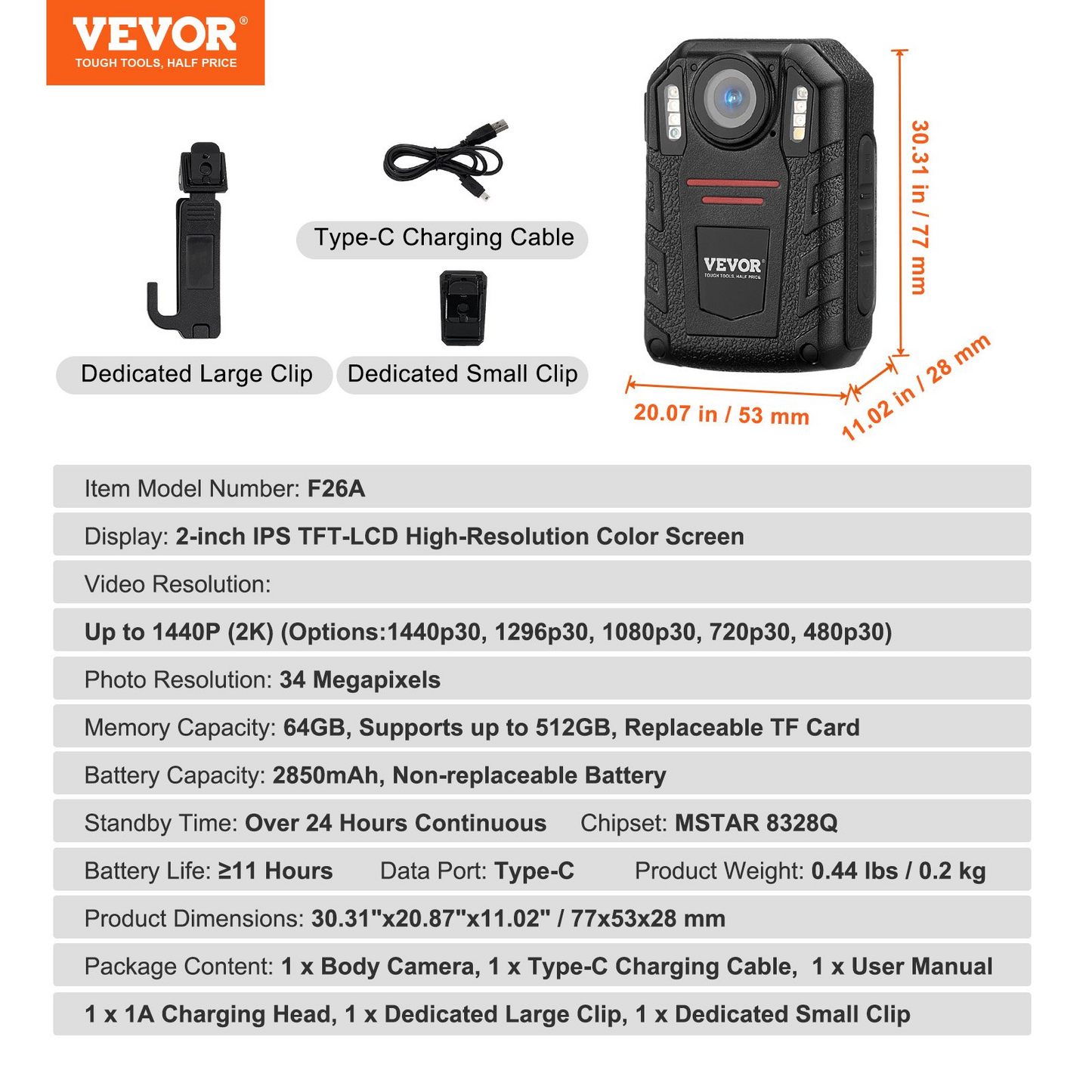 VEVOR 1440P HD Police Body Camera - High-Definition Body Cam with Audio Video Recording Picture, Built-in Battery, LCD, Night Vision - Law Enforcement Gear