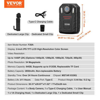 VEVOR 1440P HD Police Body Camera - High-Definition Body Cam with Audio Video Recording Picture, Built-in Battery, LCD, Night Vision - Law Enforcement Gear