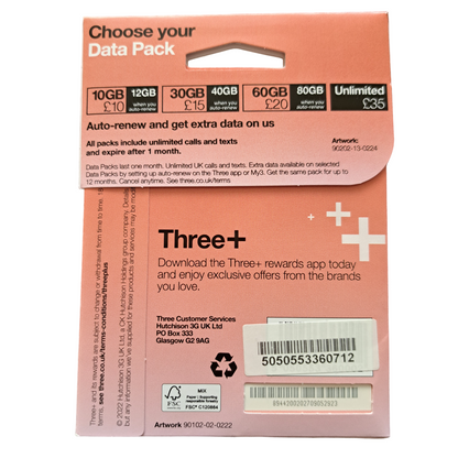 Three Pay As You Go Sim Card - £10