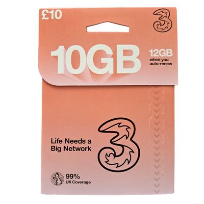 Three Pay As You Go Sim Card - £10