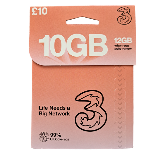 Three Pay As You Go Sim Card - £10