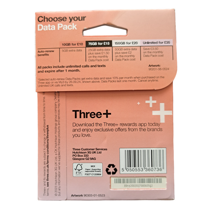 Three Pay As You Go Sim Card - £20