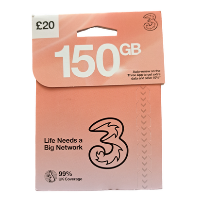 Three Pay As You Go Sim Card - £20