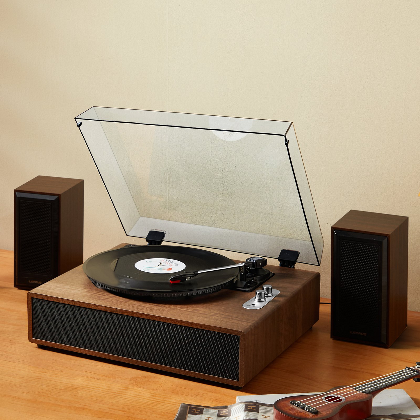 VEVOR Vinyl Record Player, 3-Speed, Belt Driven Turntable Player with Built-in 10W Stereo Speakers Magnetic Cartridge, Support 33/45/78 RPM Bluetooth Aux in RCA Output, for 7/10 /12 in Vinyl Records