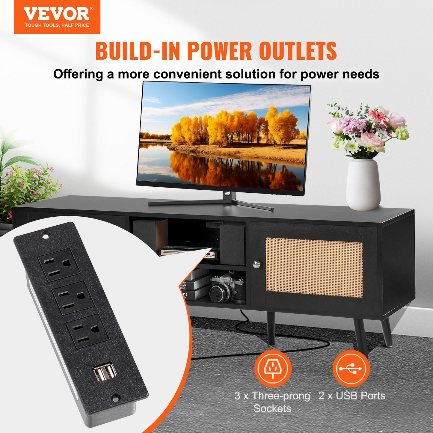 VEVOR Rattan TV Stand for 65 inch TV, Boho TV Stand with Rattan Door, Entertainment Center with Build-in Socket and USB Ports, Modern TV Console for Living Room, Media Room, Black