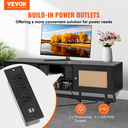 VEVOR Rattan TV Stand for 65 inch TV, Boho TV Stand with Rattan Door, Entertainment Center with Build-in Socket and USB Ports, Modern TV Console for Living Room, Media Room, Black