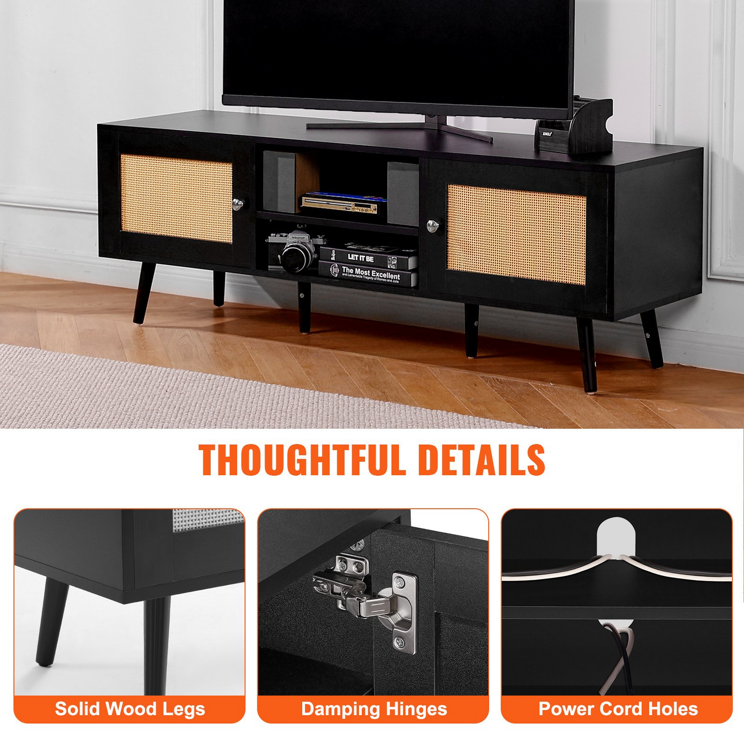 VEVOR Rattan TV Stand for 65 inch TV, Boho TV Stand with Rattan Door, Entertainment Center with Build-in Socket and USB Ports, Modern TV Console for Living Room, Media Room, Black