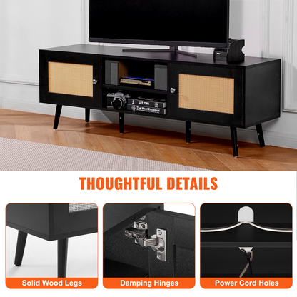 VEVOR Rattan TV Stand for 65 inch TV, Boho TV Stand with Rattan Door, Entertainment Center with Build-in Socket and USB Ports, Modern TV Console for Living Room, Media Room, Black