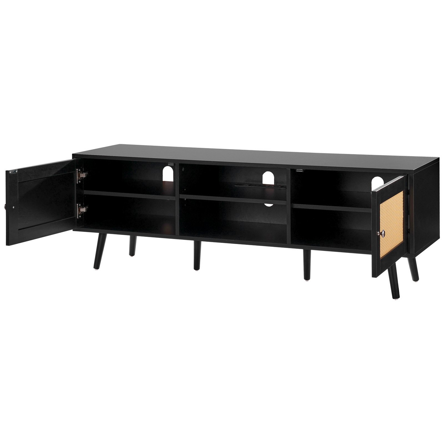 VEVOR Rattan TV Stand for 65 inch TV, Boho TV Stand with Rattan Door, Entertainment Center with Build-in Socket and USB Ports, Modern TV Console for Living Room, Media Room, Black