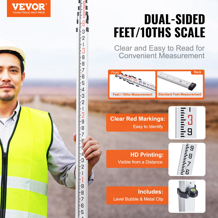 a man in a yellow vest holding a large ruler