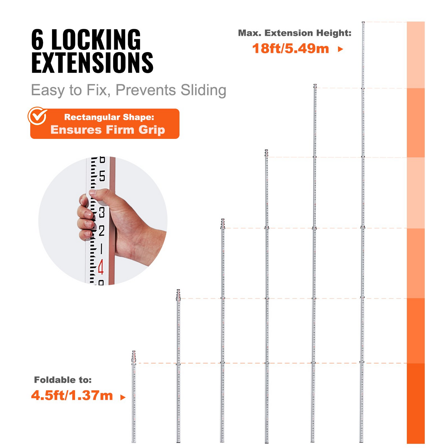 VEVOR Measuring Rod 18-Feet/10ths 6 Sections Telescopic Grade Rod 1/10ft w/ Bag