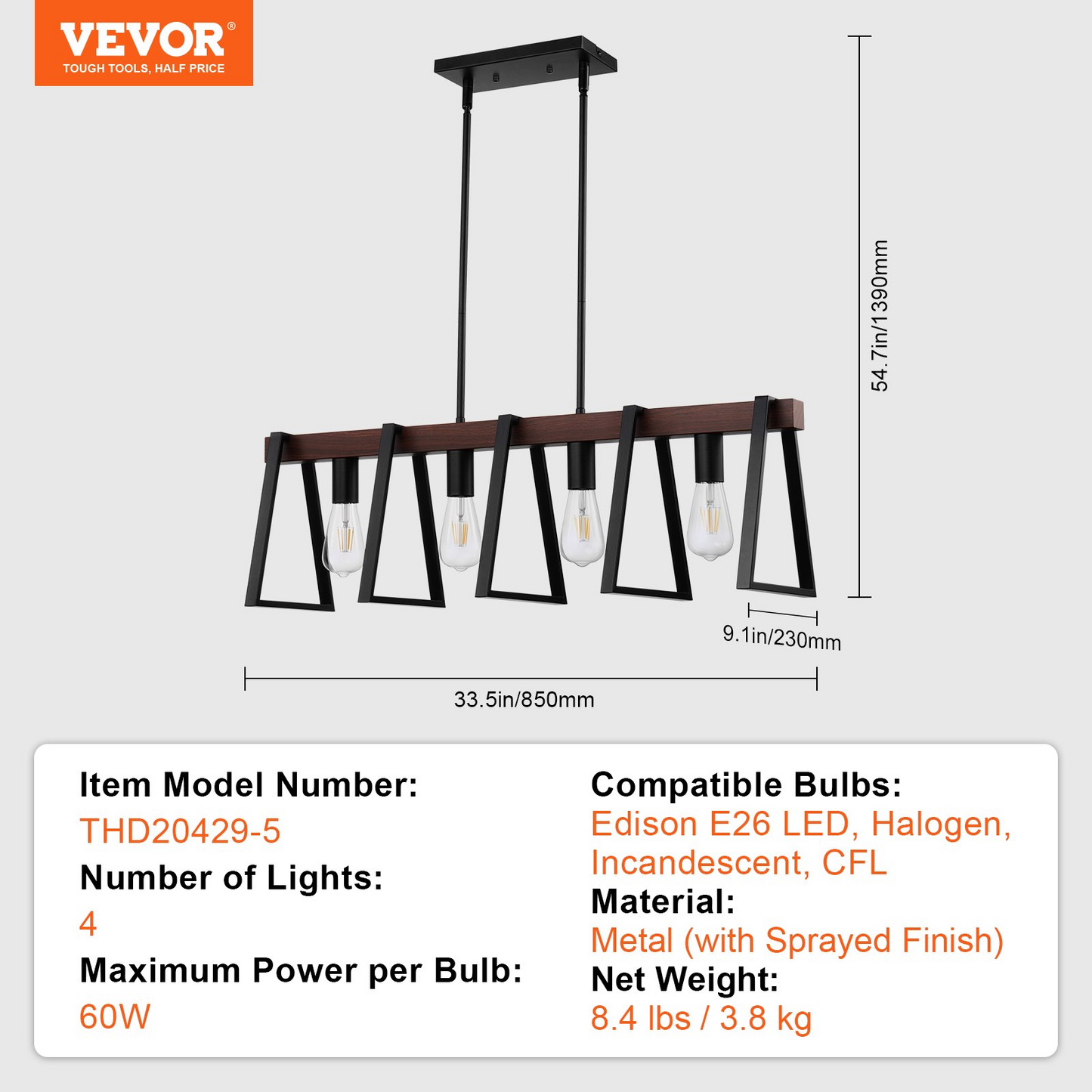 VEVOR 4-Light Kitchen Island Pendant Lights 60W Adjustable Dining Room Light E26