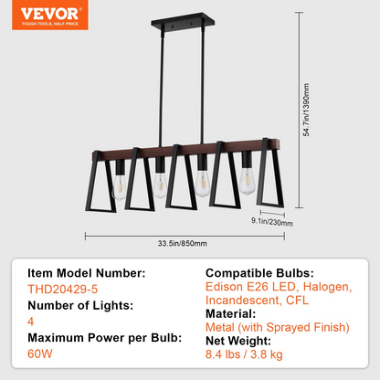 VEVOR 4-Light Kitchen Island Pendant Lights 60W Adjustable Dining Room Light E26
