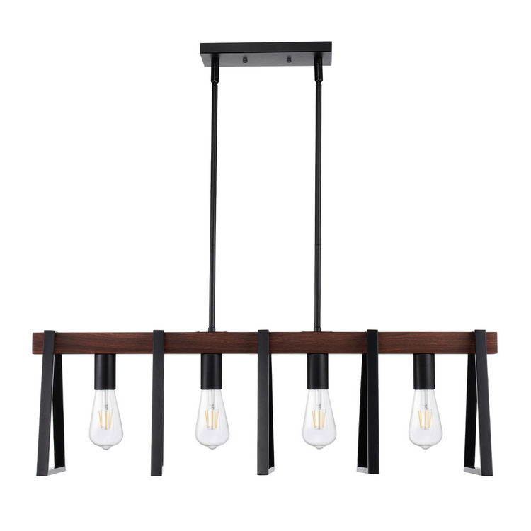 a light fixture with a wood frame and a wooden beam