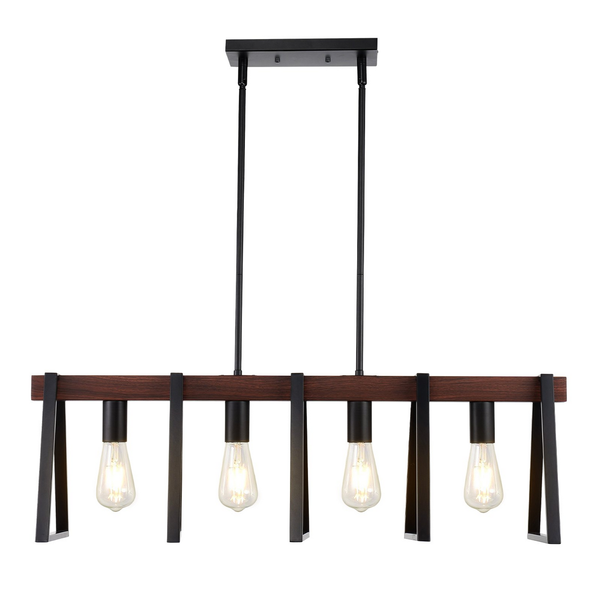 a light fixture with a wood frame and a wooden beam