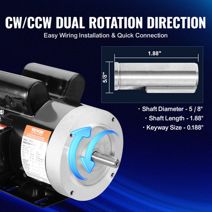 VEVOR 1.5HP Electric Motor 3450 rpm, AC 115V/230V, 56C Frame, Air Compressor Motor Single Phase, 5/8" Keyed Shaft, CW/CCW Rotation for Agricultural Machinery and General Equipment