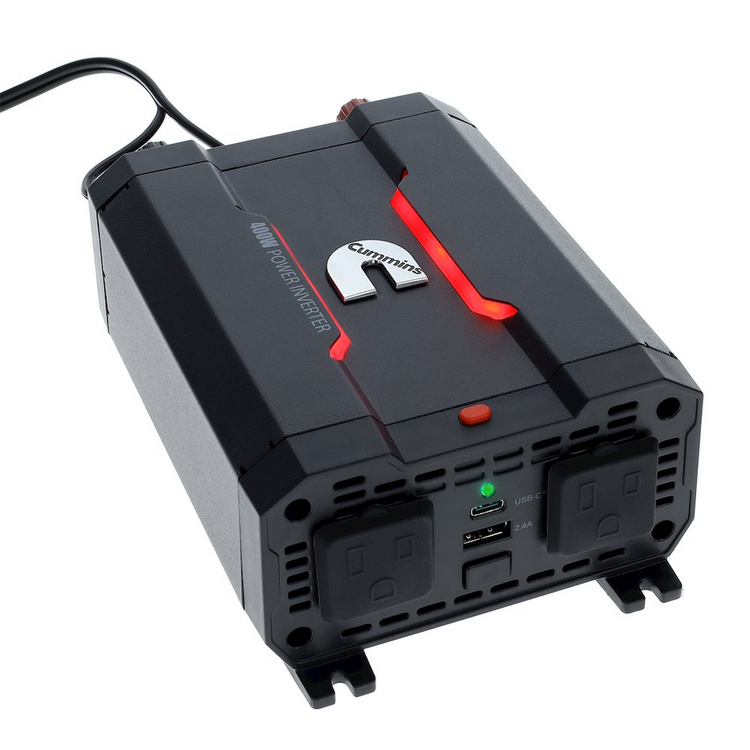 a black rectangular device with a red light