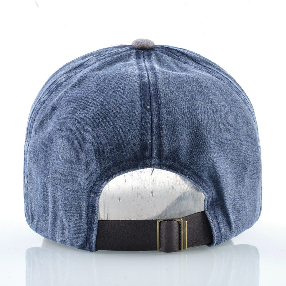 a blue hat with a black belt