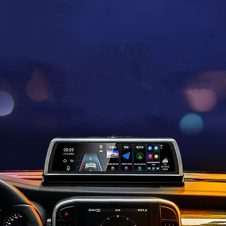 a car dashboard with a screen and steering wheel