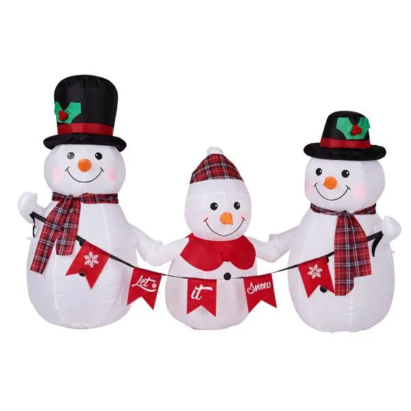 a group of snowmen holding a garland