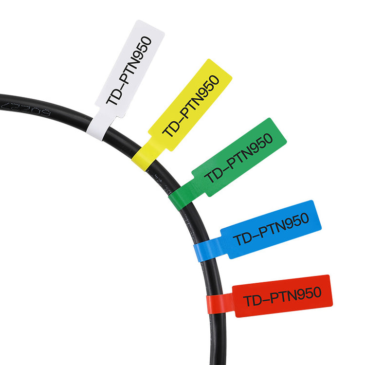 a group of colorful labels on a black cable