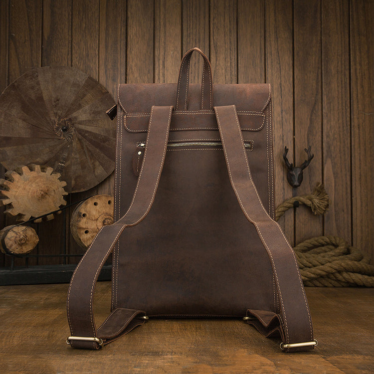 a brown backpack on a wood surface