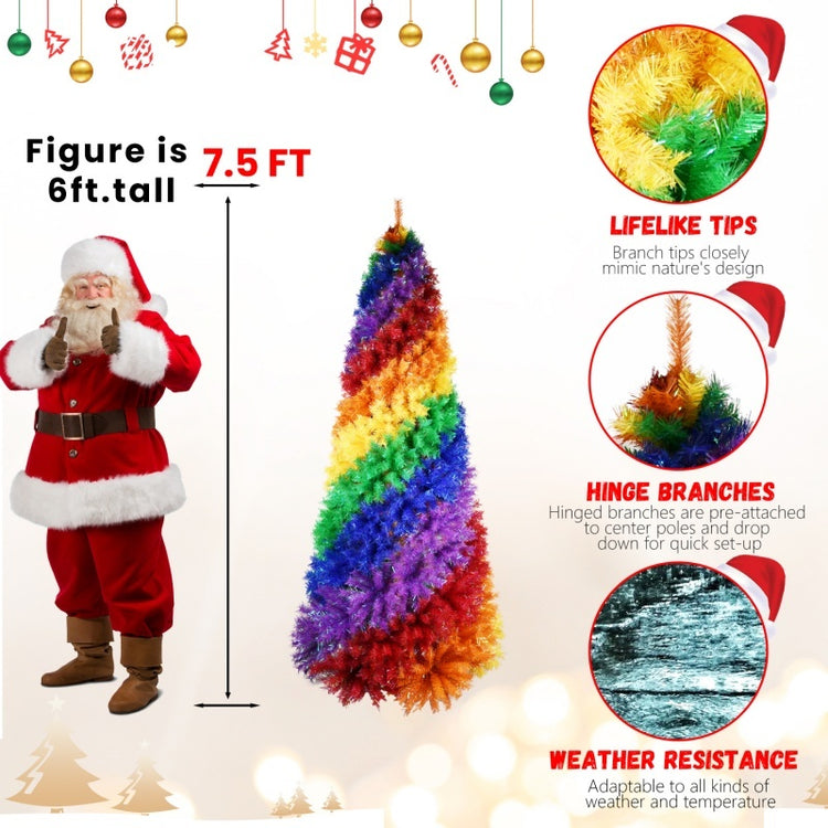 a man in santa garment standing next to a rainbow colored tree